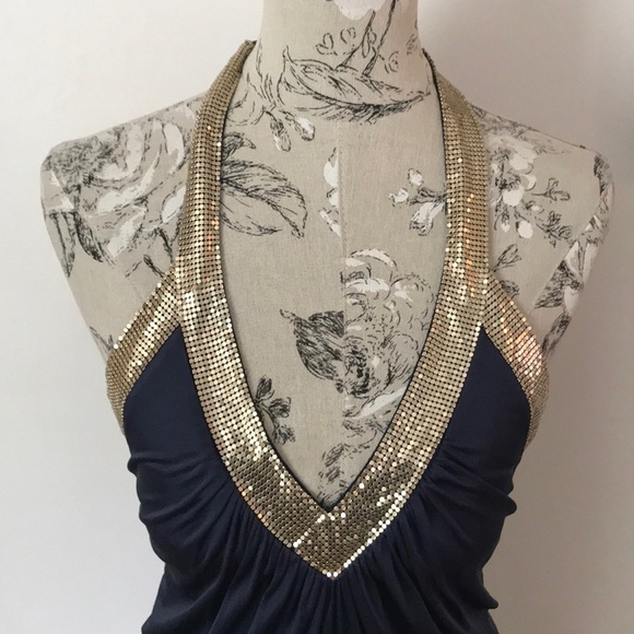 BCBGMAXAZRIA Navy Gold Halter Dress XXS - Picture 2 of 7